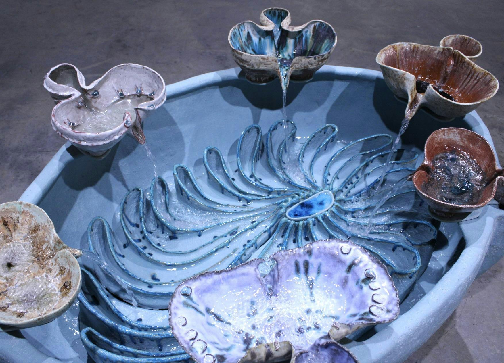 Fishman's sculptures incorporate marine biomatter, toxicology and engineering, drawing on structures and systems in the natural world.