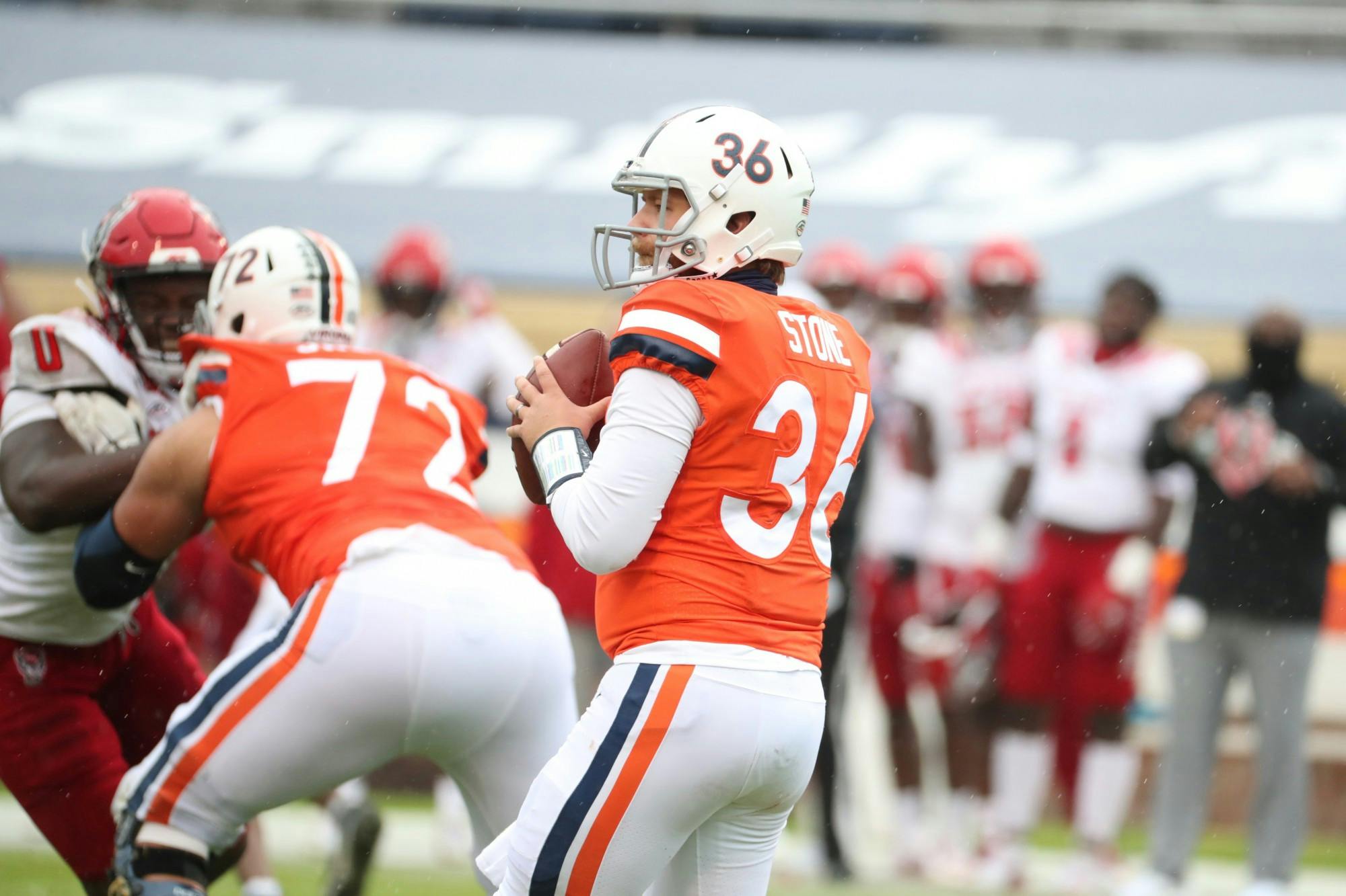Senior quarterback Lindell Stone came in for injured sophomore quarterback Brennan Armstrong, posting 239 yards passing and 3 touchdowns.&nbsp;