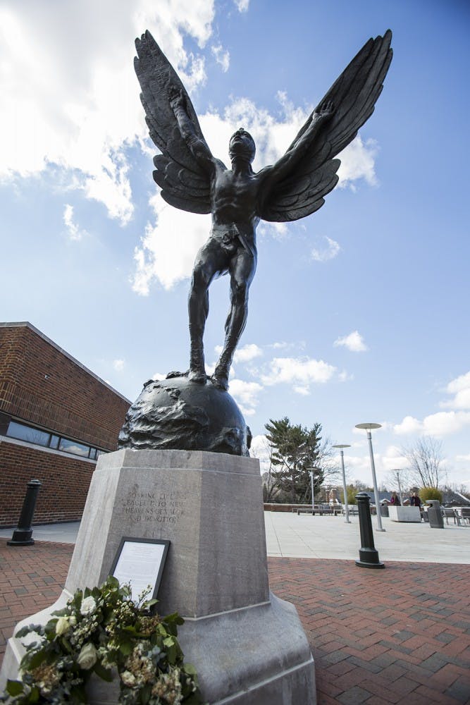 "The Aviator," a&nbsp;statue honoring McConnell’s life, is located between Clemons and Alderman libraries.