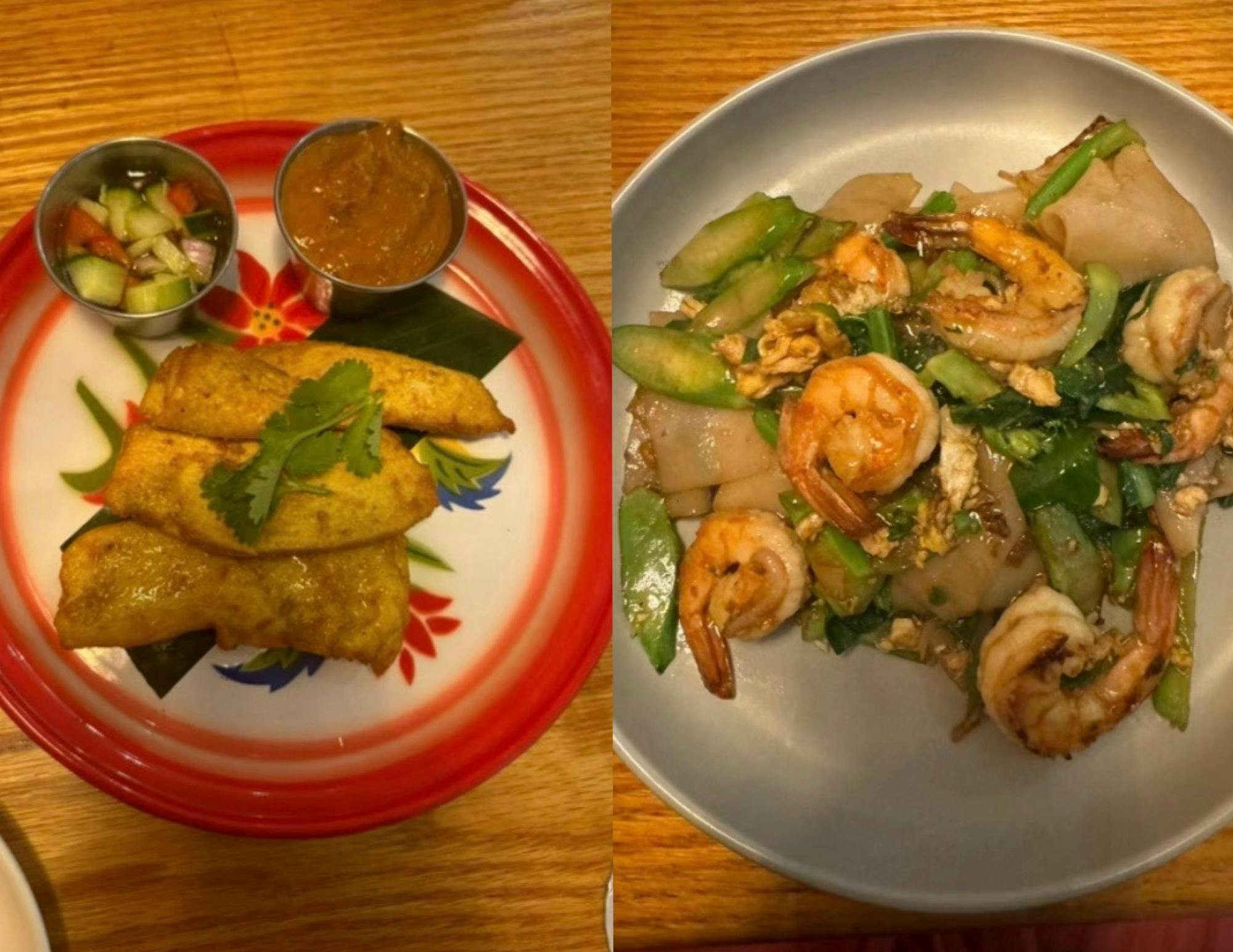 Chicken satay left, shrimp pad see ew right.