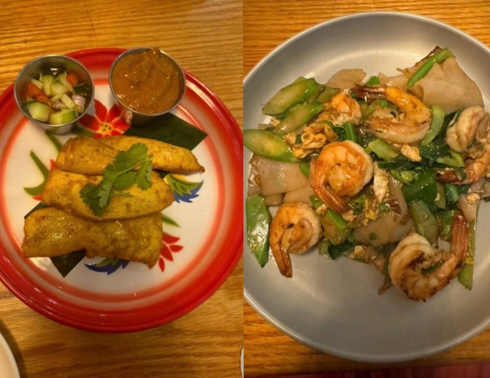 <p>Chicken satay left, shrimp pad see ew right.</p>