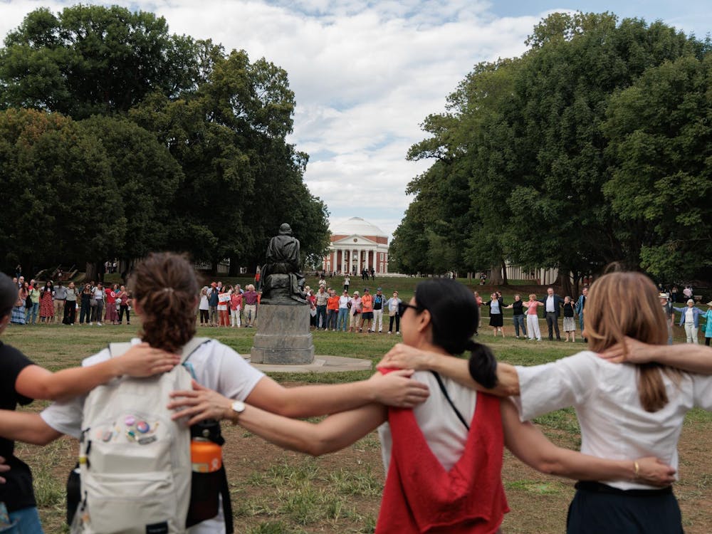 Students gather on South Lawn Aug. 28, 2025, the First Day of Class, to protest the pressured resignation of University President Jim Ryan.