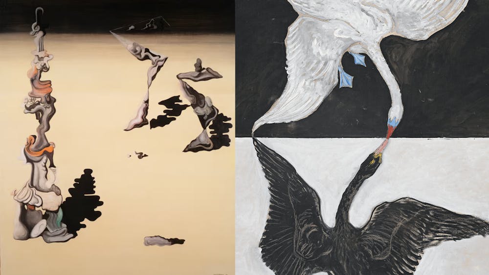 Left: "Fraud in the Garden" by Yves Tanguy; Right: "The Swan, No.1" by Hilma af Klint
