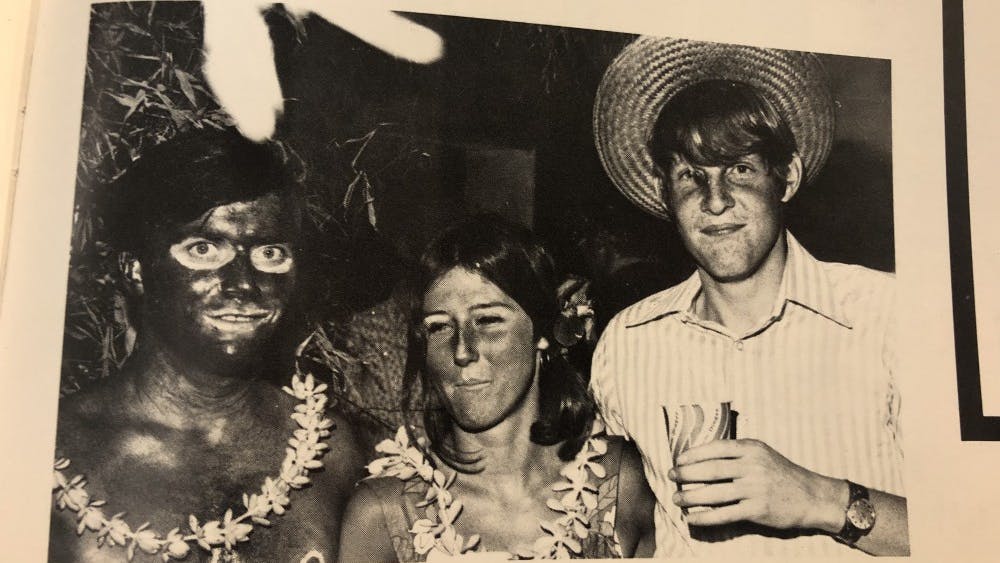 An image from the Phi Gamma Delta fraternity page of the 1972 edition of Corks &amp; Curls depicts a student wearing blackface.