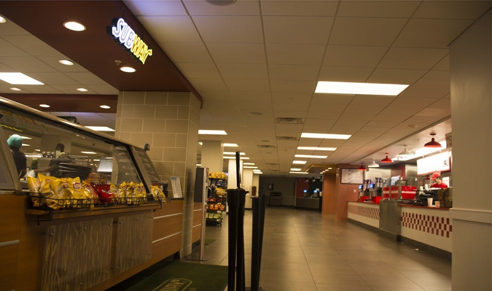 Located on the first floor of Newcomb in the center of Grounds, the Pav underwent renovations during the summer of 2015 and offers Subway, Chick-Fil-A and Five Guys Burgers and Fries.