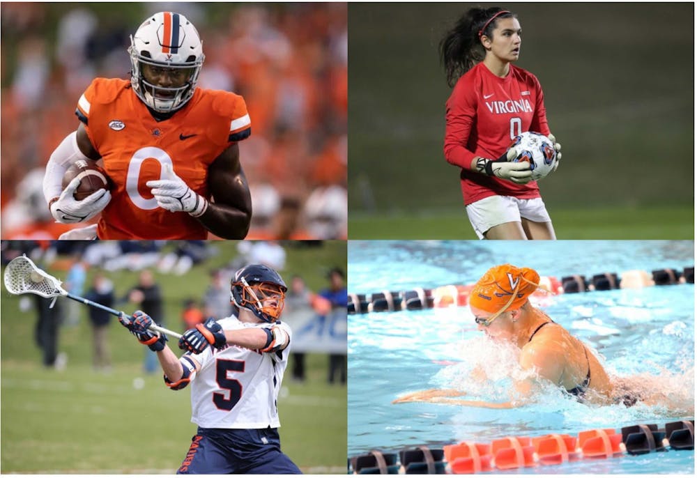 <p>Jelani Woods (top left), Laurel Ivory (top right), Matt Moore (bottom left) and Alexis Wenger (bottom right) will be critical departures for Virginia athletics heading towards next season.</p>