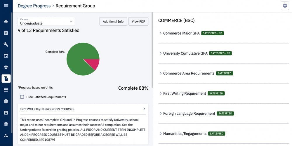与现有功能相比，“学位进度”增加了包括条形图在内新的功能，并总结了有关课程要求的细节，试图使学生学业进度可视化。