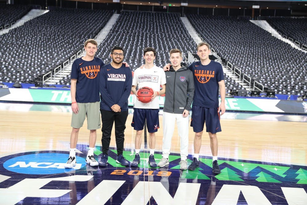 Virginia basketball student managers at the Final Four, pictured left to right: junior Grant Kersey, senior Faris Wasim, sophomore Matt Palumbo, senior Justin Maxie, senior Ben Buell