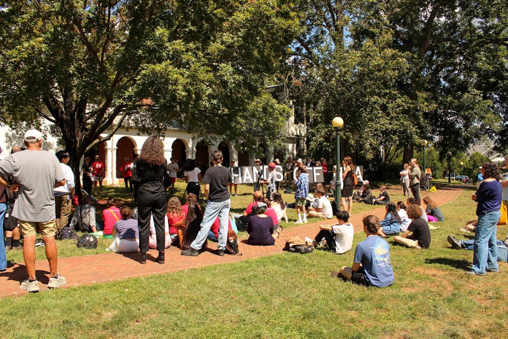 <p>Protesters at a Labor Day Teach-In, photographed Sept. 1, 2025. </p>