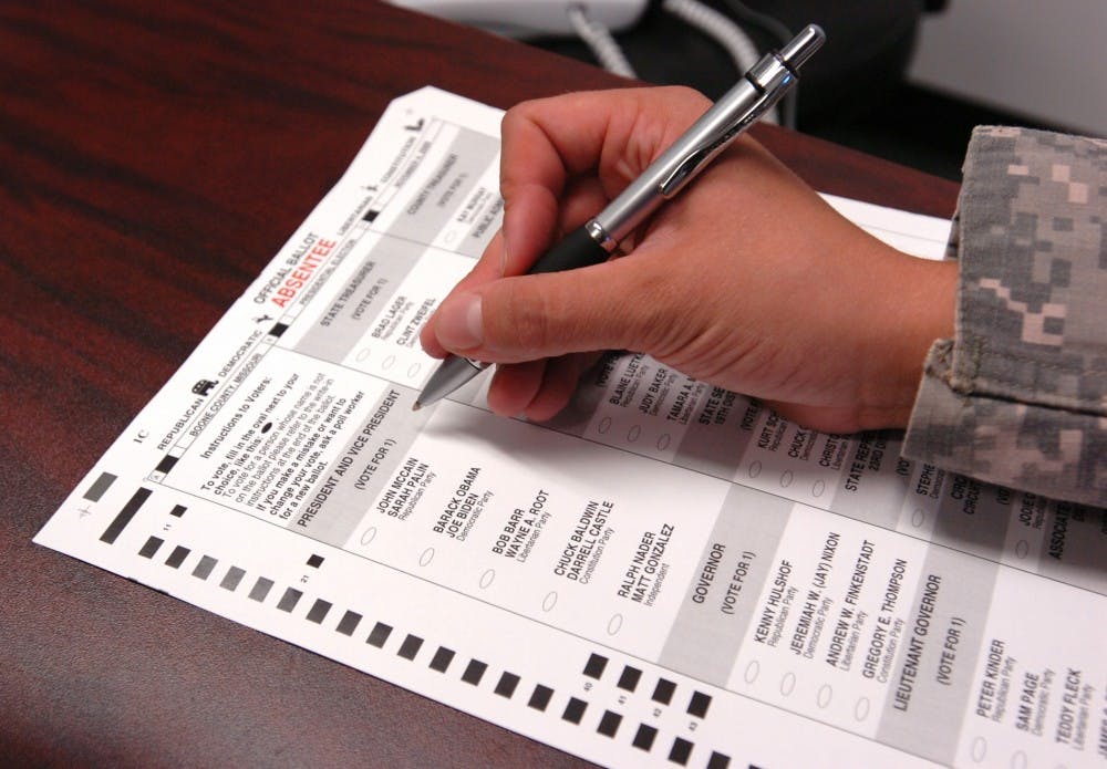 A Joint Task Force Guantanamo Trooper fills out an absentee ballot for the upcoming presidential election, Oct. 8, 2008.  Every JTF Trooper has the opportunity to register and vote while serving on U.S. Naval Station Guantanamo Bay via absentee ballot. JTF Guantanamo conducts safe, humane, legal and transparent care and custody of detained enemy combatants, including those convicted by military commission and those ordered released. The JTF conducts intelligence collection, analysis and dissemination for the protection of detainees and personnel working in JTF Guantanamo facilities and in support of the Global War on Terror. JTF Guantanamo provides support to the Office of Military Commissions, to law enforcement and to war crimes investigations. The JTF conducts planning for and, on order, responds to Caribbean mass migration operations.