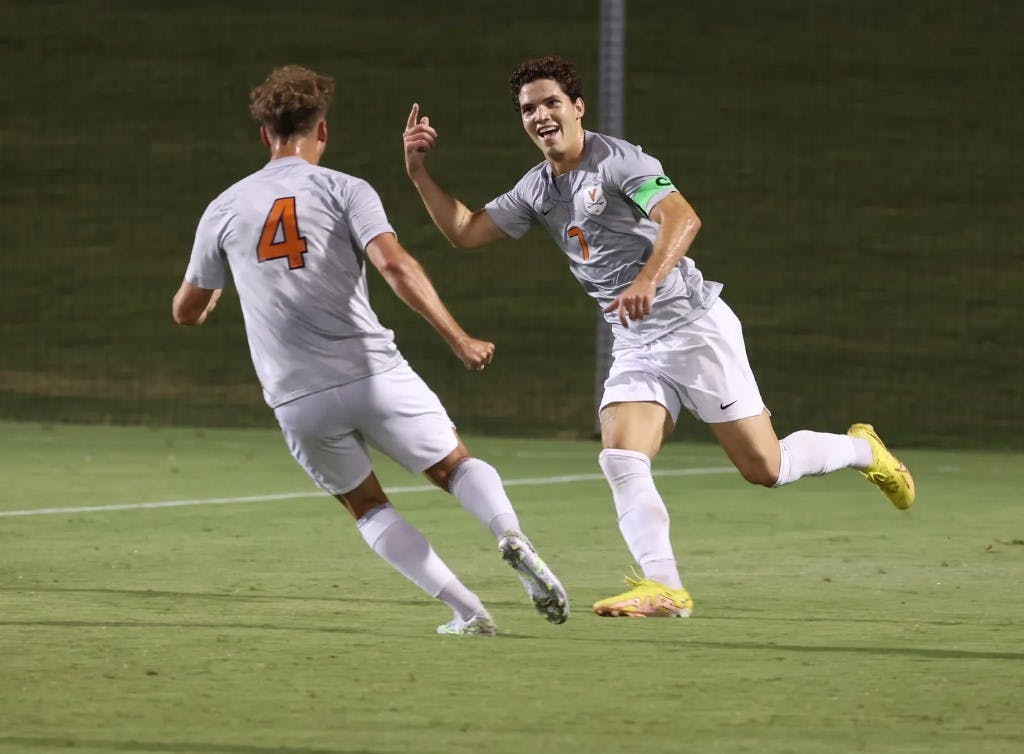 Junior forward Leo Afonso celebrates after opening the scoring Thursday night with a brilliant strike just inside the 18-yard box.