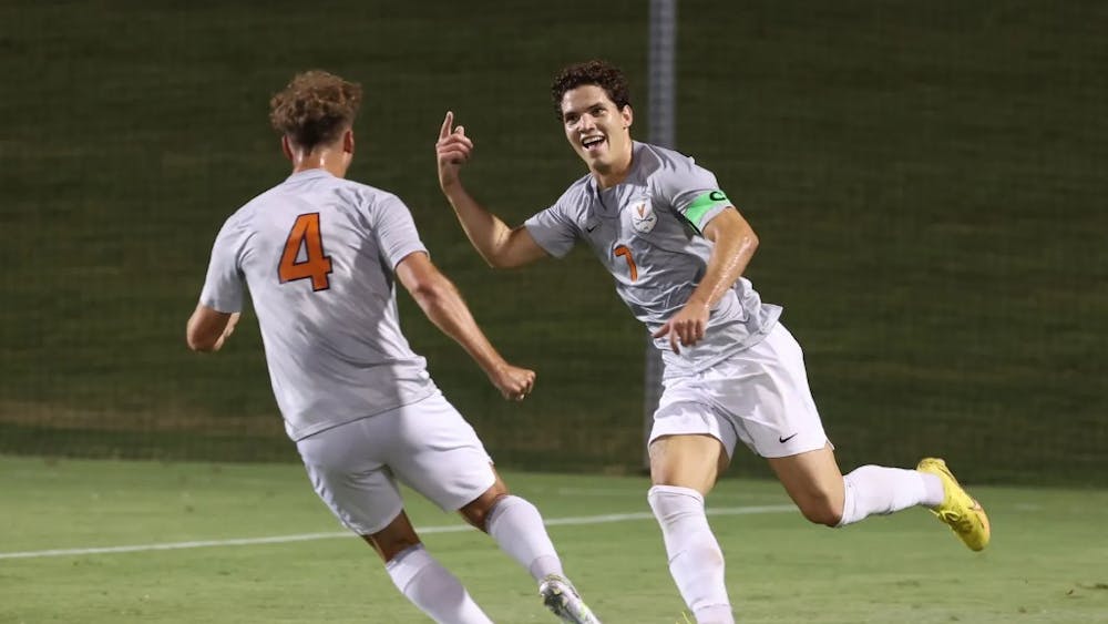 Junior forward Leo Afonso celebrates after opening the scoring Thursday night with a brilliant strike just inside the 18-yard box.