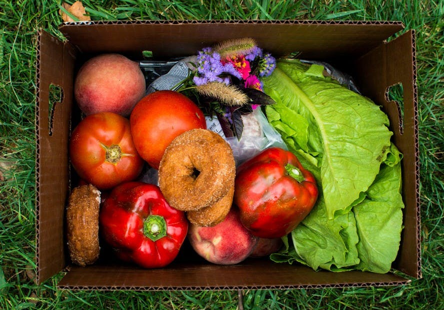 Through Greens to Grounds, students can order boxes of locally grown food and pick them up on Grounds each week. 