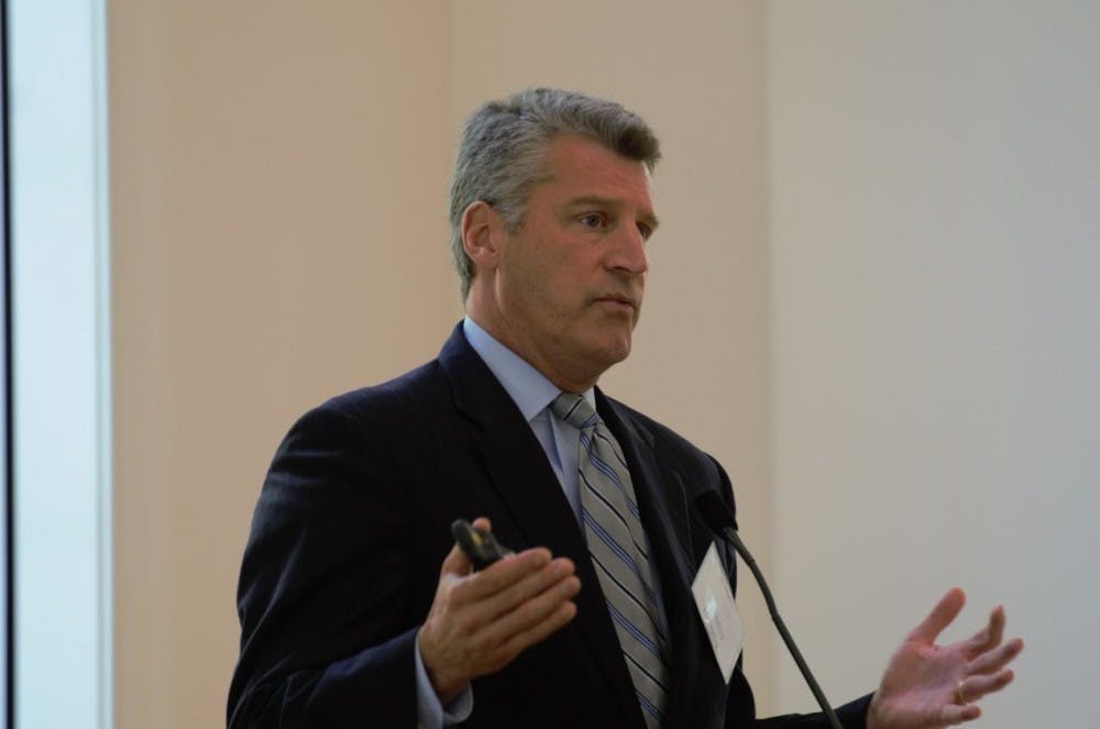 University Counsel Tim Heaphy, pictured here speaking at a press conference in 2017, was removed by Attorney General Jason Miyares' office as part of a larger wave of firings.
