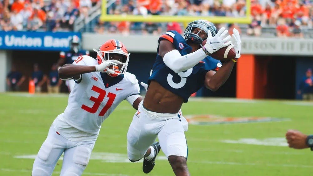 <p>Wide receiver Dontayvion Wicks will look to be the first wide receiver drafted from Virginia since Joe Reed.</p>