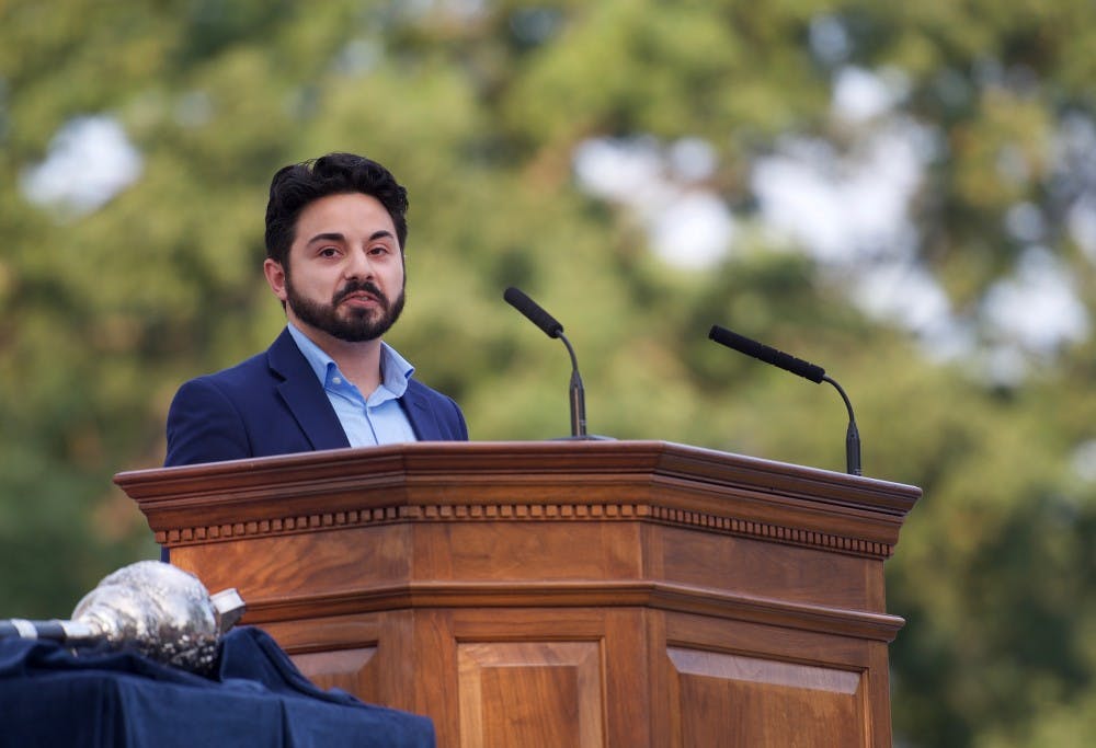 <p>Alex Cintron speaking at Sunday's convocation ceremony for the Class of 2022.&nbsp;</p>