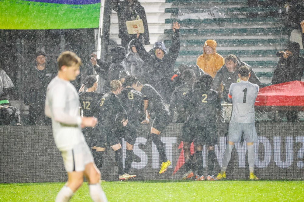 <p>Wake Forest celebrates after scoring one of its five goals (Photo by Jaylynn Nash/ACC)</p>