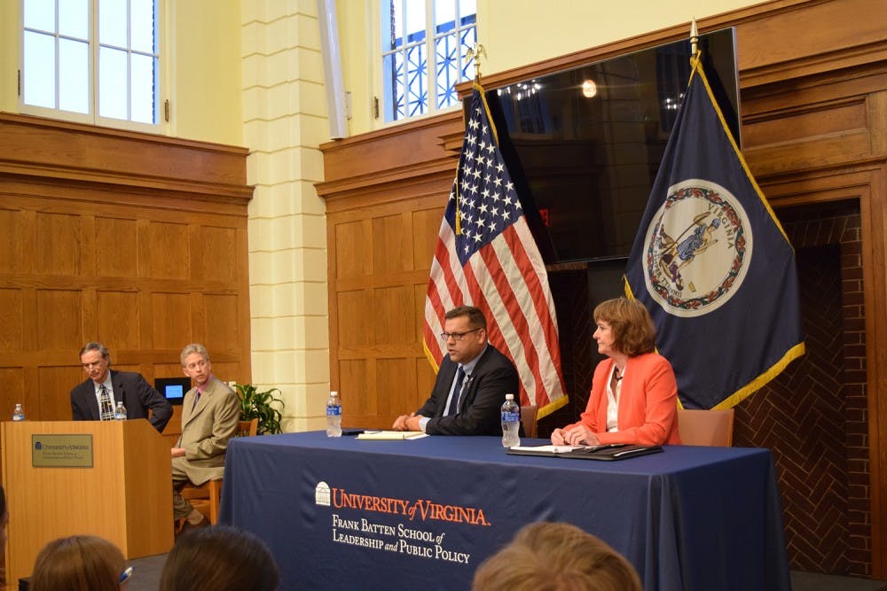 Republican candidate&nbsp;Tom Garrett (left) and Democratic candidate&nbsp;Jane Dittmar (right) at a&nbsp;fifth district congressional debate &nbsp;at the Frank Batten School of Leadership and Public Policy on Sept. 28.&nbsp;