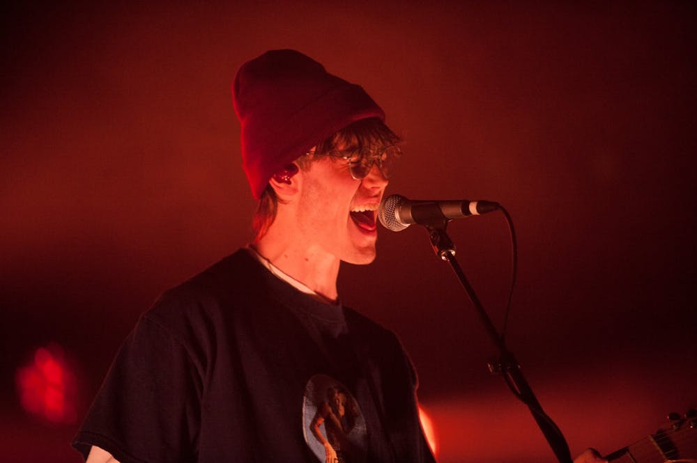 <p>Hippo Campus frontman Jake Luppen, performing with the band at the Jefferson on Monday.</p>