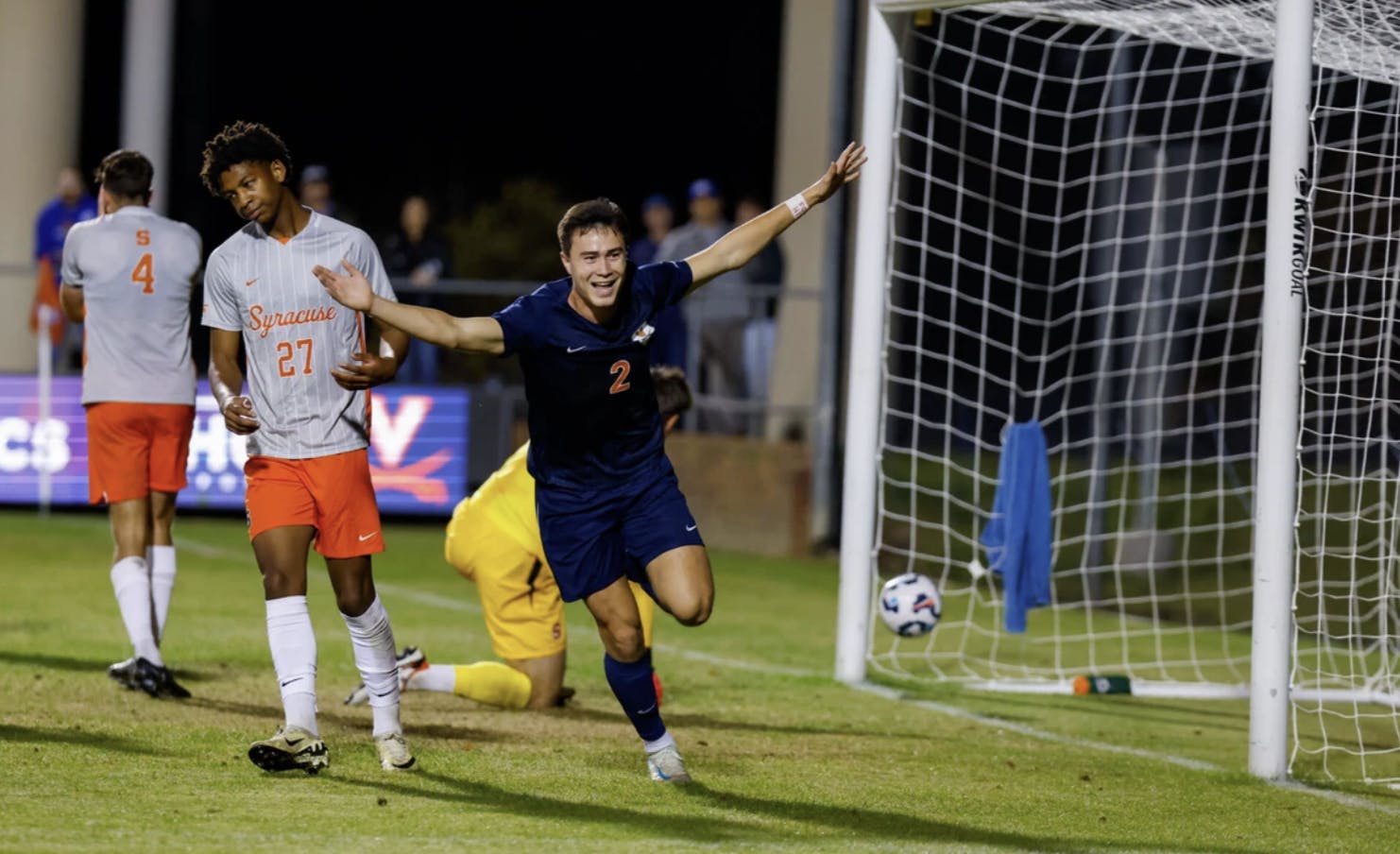 Nick Dang celebrates after scoring the third goal Saturday evening.