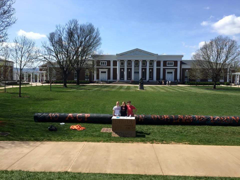 Students involved in the Climate Action Society erected the mock pipeline to protest proposed pipeline routes, which would run through Virginia.