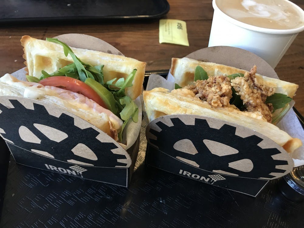 The Iron Paffle serves their paffles — puff pastries cooked in waffle irons — as sweet or savory sandwiches. 