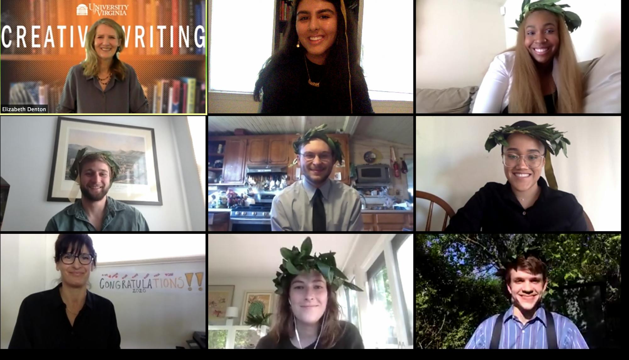 APLP Director Liz Denton (top left) captures the graduating writers (from top, left to right), Marwah Shuaib, Lizz Bangura, Sam Wilson, Andy Mangham, Kay Alexander, Kia Wassenaar, and Dan Goff, along with Professor Micheline Aharonian Marcom (bottom left).&nbsp;