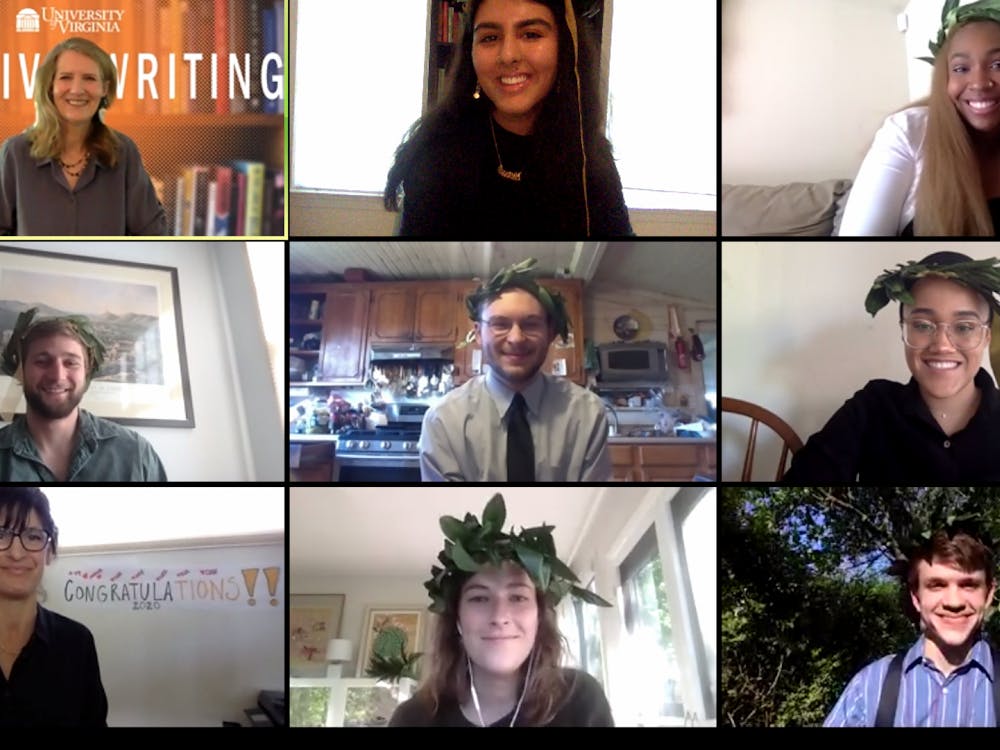 APLP Director Liz Denton (top left) captures the graduating writers (from top, left to right), Marwah Shuaib, Lizz Bangura, Sam Wilson, Andy Mangham, Kay Alexander, Kia Wassenaar, and Dan Goff, along with Professor Micheline Aharonian Marcom (bottom left). 