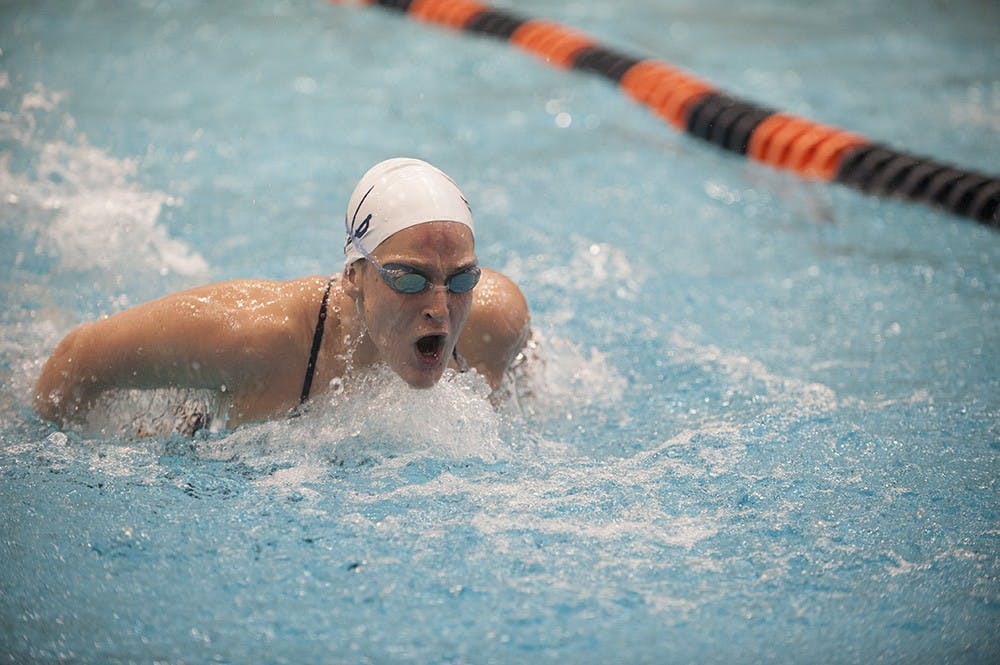 	<p>Freshman Leah Smith won the 500-yard freestyle in a school and conference record of 4:34.35, the fastest time in the nation this year. She also won the 1,650-yard freestyle in a school-record 15:47.99.</p>