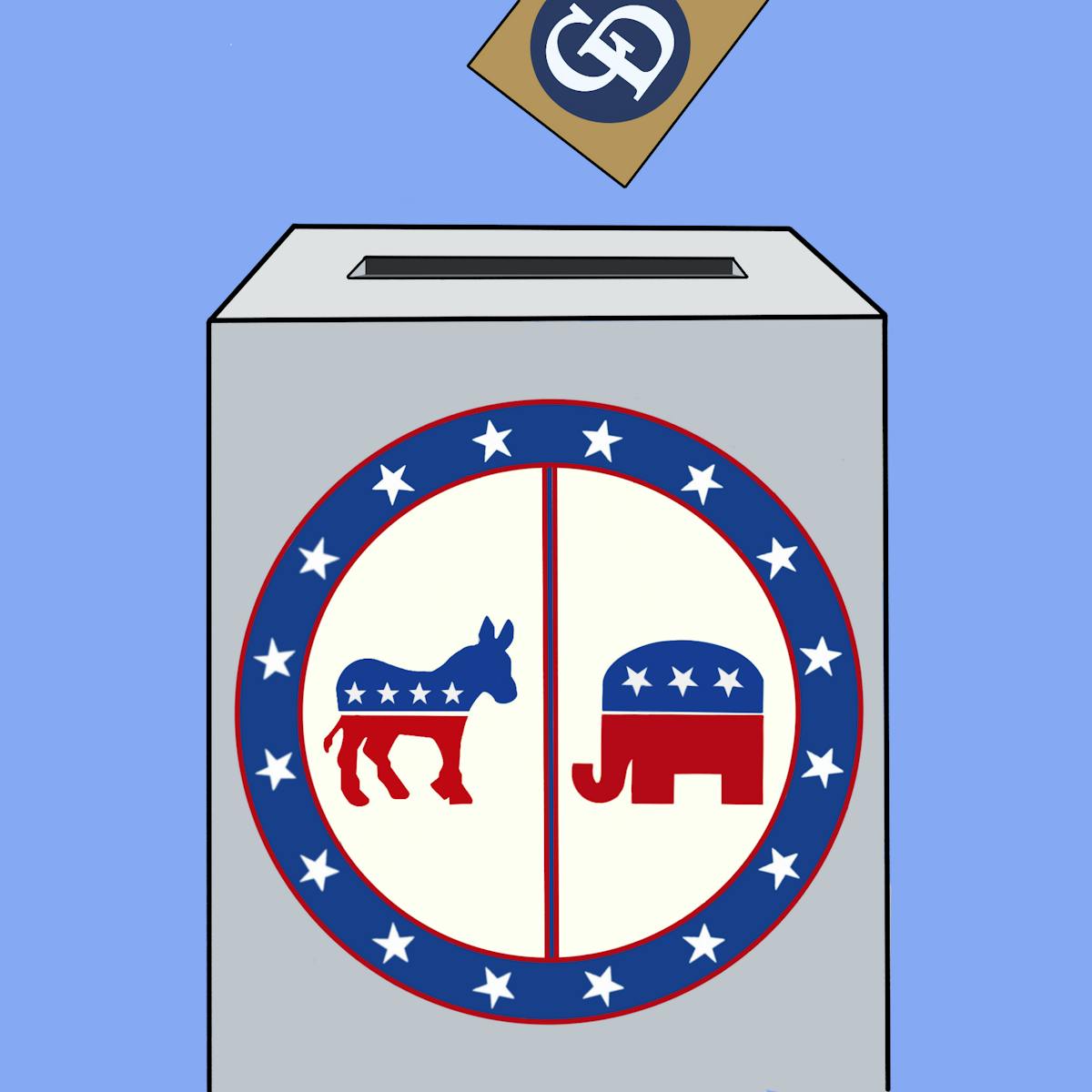 A ballot box with a donkey and elephant on either side.