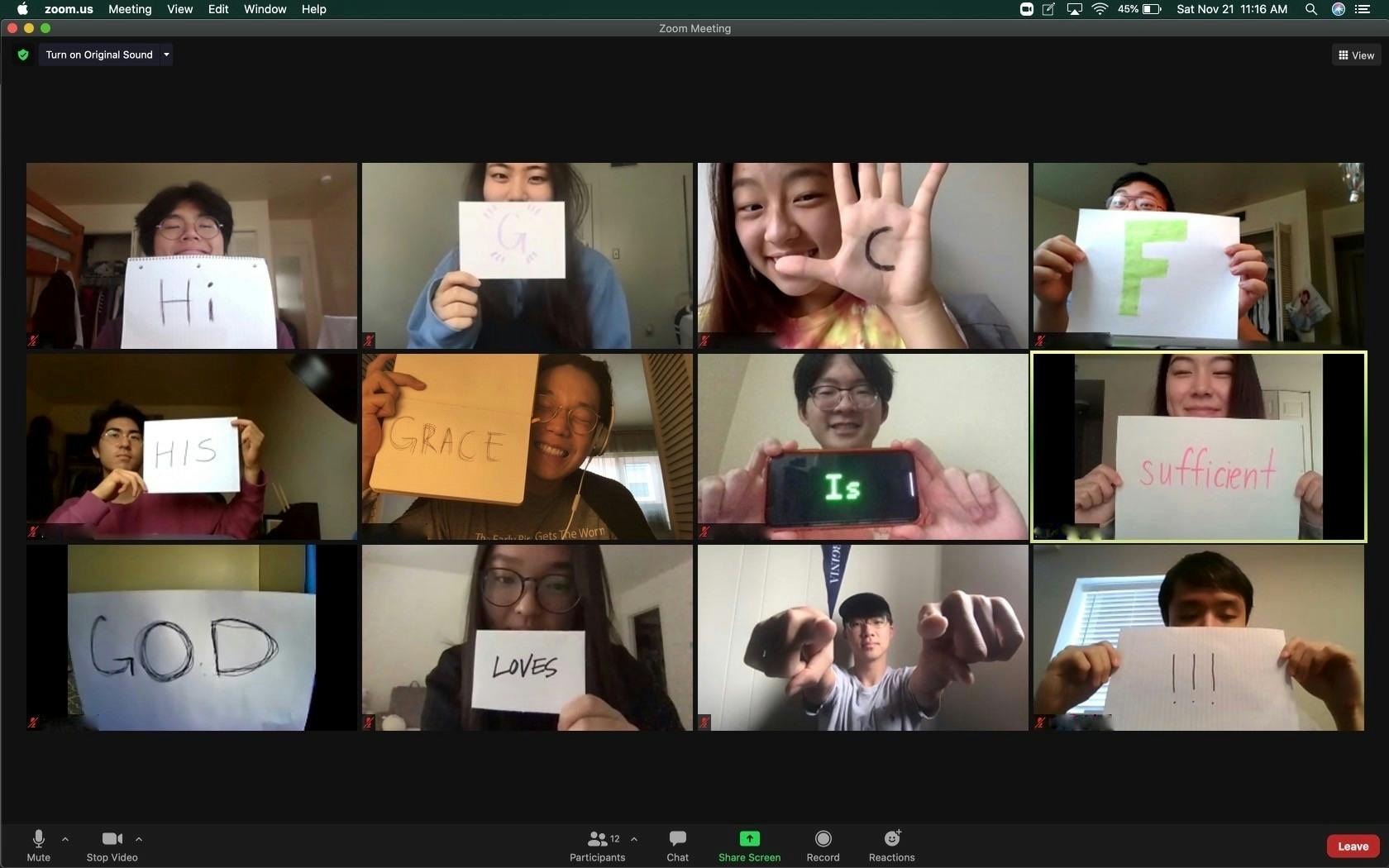 GCF's Praise Team pose for a Zoom screenshot with an encouraging message shared with the rest of the fellowship over social media.