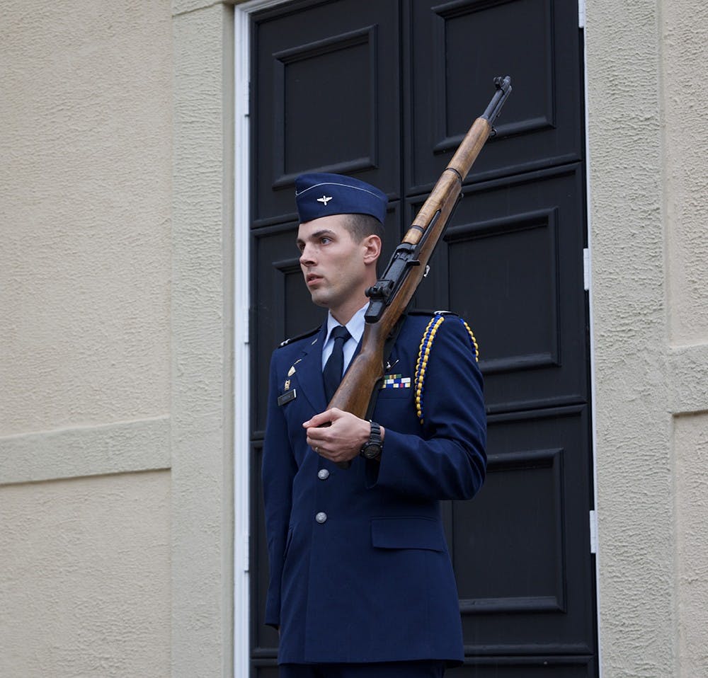 A&nbsp;University ROTC member marching during 24-hour vigil held in the Amphitheatre to honor prisoners of war and those missing in action.&nbsp;