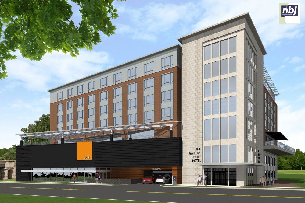 The six-story Gallery Court Hotel will sit next to Lambeth Field Apartments and Carr's Hill Field.