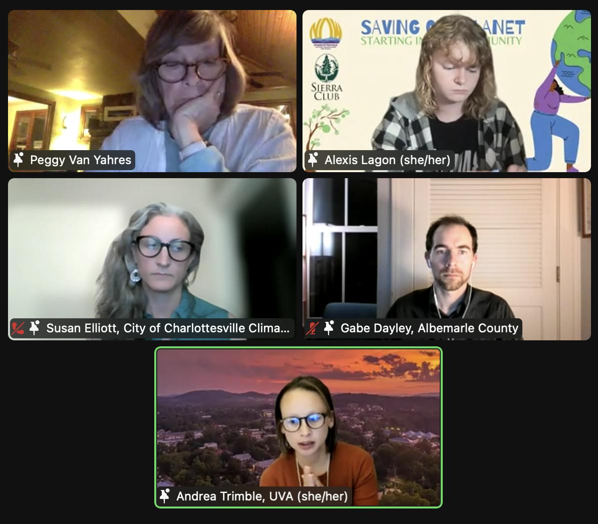 Speakers from the Saving Our Planet: Starting in Our Community online event discuss community climate action. From left to right, top row: Charlottesville Tree Commission Chair Peggy Van Yahres and Charlottesville NOW Vice President Alexis Lagon. Second row: Susan Elliot, City of Charlottesville climate protection program manager, and Gabe Dayley, Albemarle County climate protection program manager. Bottom row: Office for Sustainability Director Andrea Trimble.