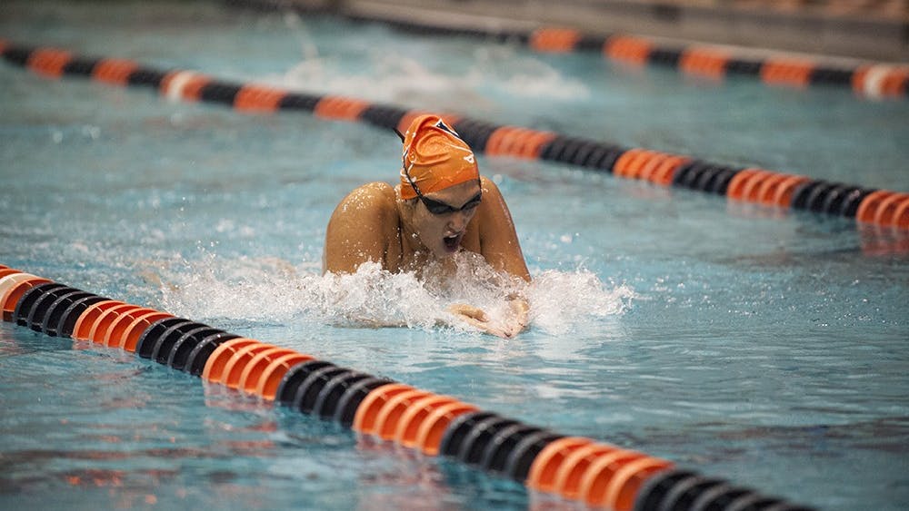 Senior Courtney Bartholomew swept the backstroke events and was part of the 400 medley relay that broke the AFC pool record in the women's win against Tennessee.