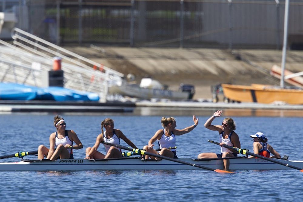 May 30, 2010; Sacramento, CA, USA; The University of Virginia Varsity Four team of Coxswain Sarah Pichardo (right), Ruth Retzinger, Hunter Terry, Chelsea Simpson, Inge Janssen celebrate after winning the Grand Final during the Division I 2010 NCAA Women's Rowing Championships at the Sacramento State Aquatic Center. Virginia won the national championship in the team competition.  (Special to the Daily Progress / Jason O. Watson)