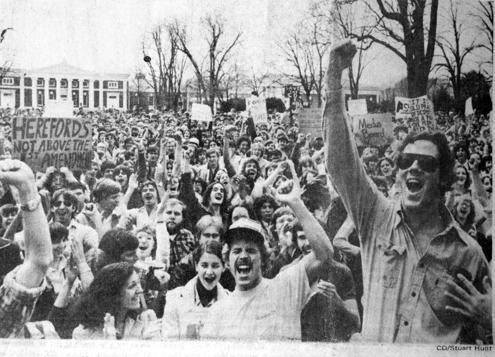 <p>A crowd of 1,500 students gathered on the Lawn in 1979, protesting the University's attempt to establish authority over The Cavalier Daily.</p>