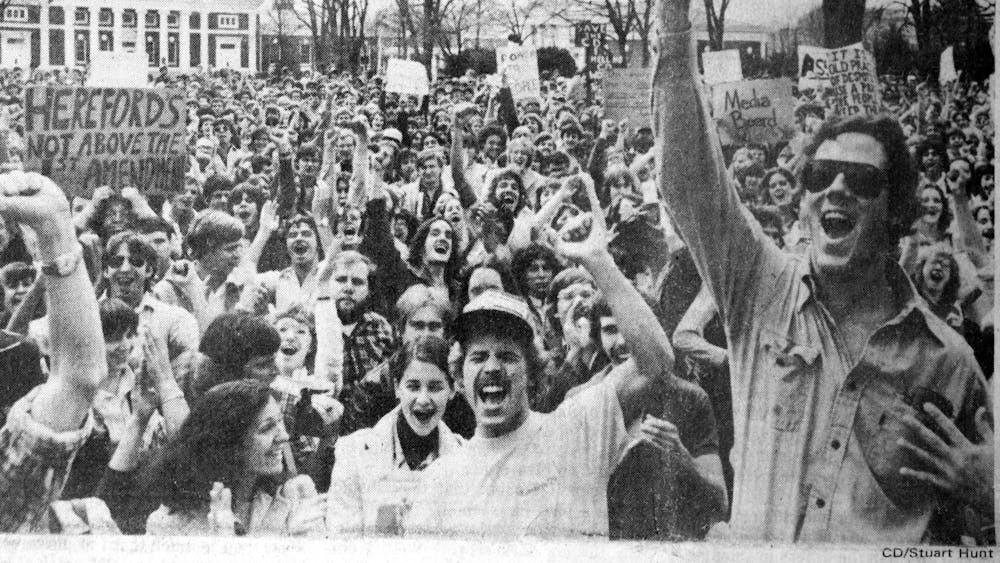 A crowd of 1,500 students gathered on the Lawn in 1979, protesting the University's attempt to establish authority over The Cavalier Daily.