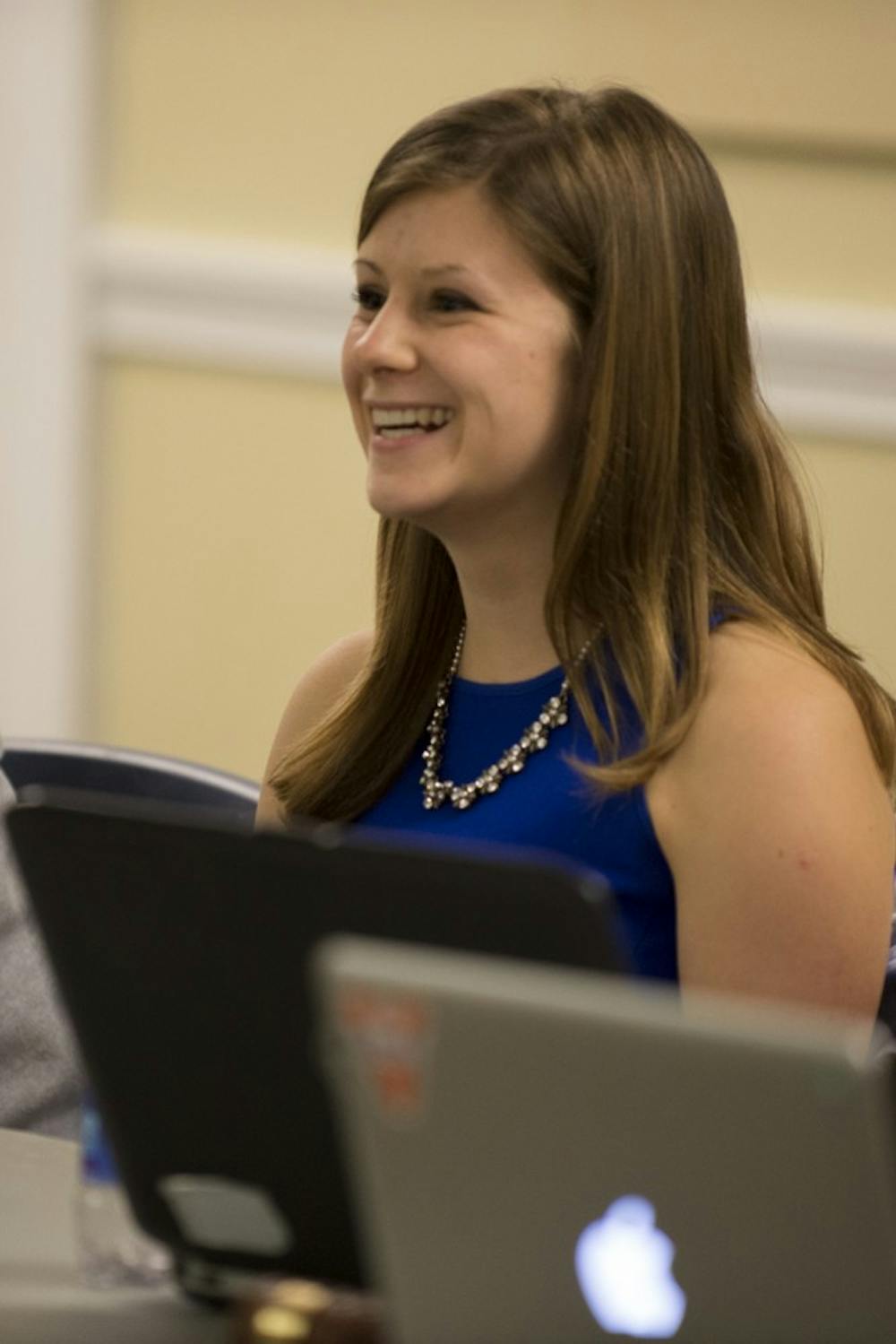 <p>Sarah Kenney, fourth-year College student and Student Council president, spoke before the vote of bill FB17-05.</p>