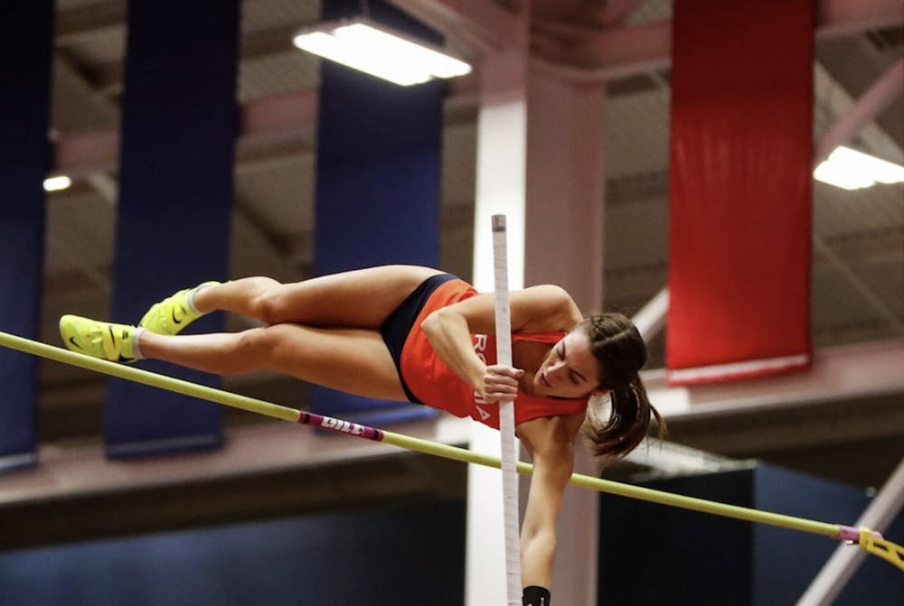 <p>Trina Barcarola competes in the pole vault at the Liberty Kickoff.</p>