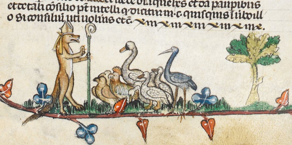 Reynard platformed by the geese. For educational purposes. BL Royal MS 10E IV fol. 49v