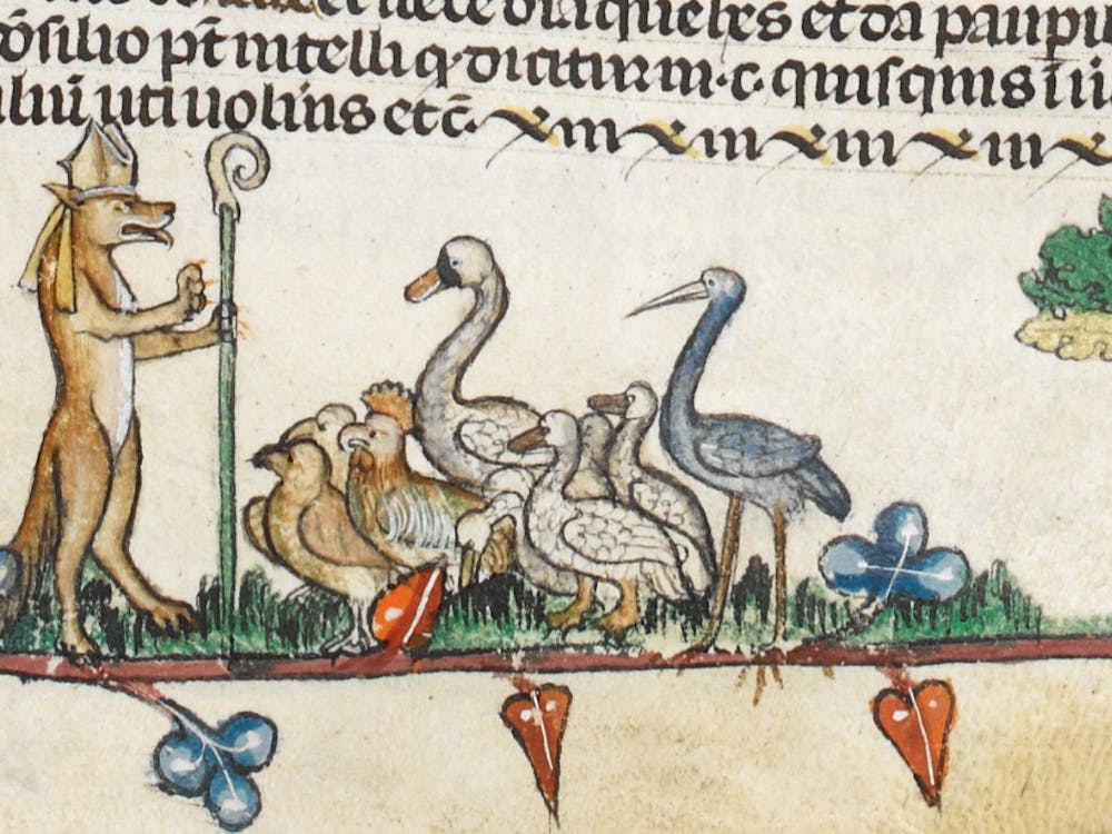 Reynard platformed by the geese. For educational purposes. BL Royal MS 10E IV fol. 49v