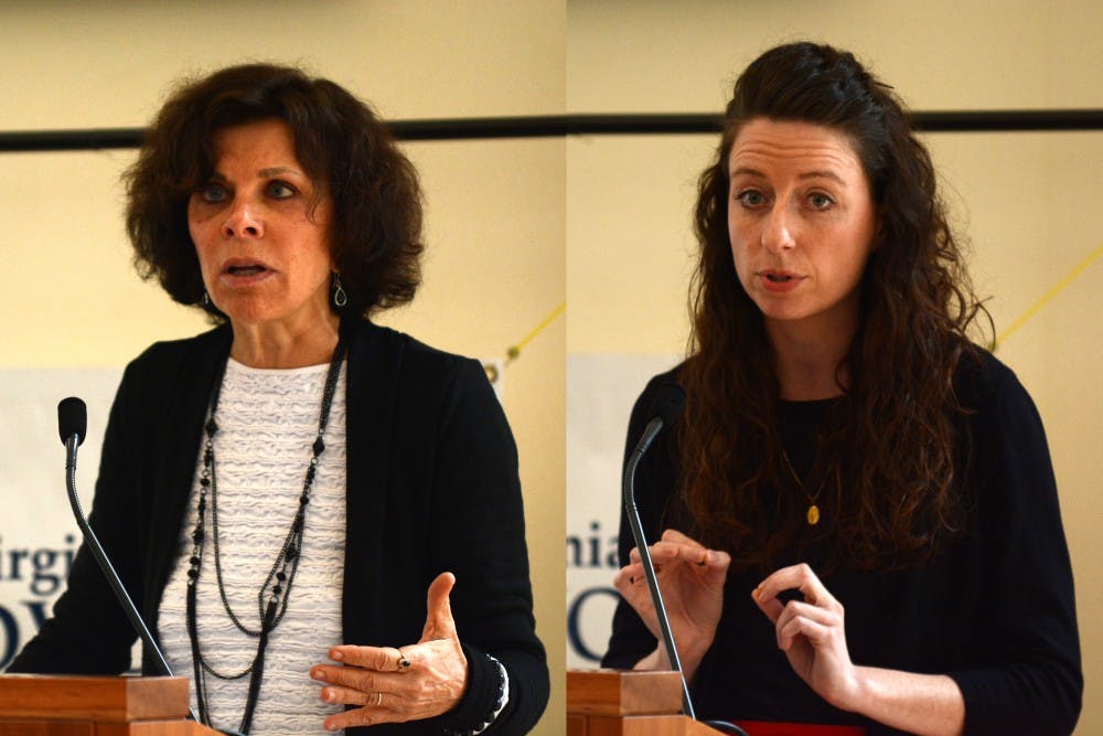 <p>Nadine Strossen (Left) and Stephanie Gray (Right) were the featured panelists at Tuesday's debate.&nbsp;</p>