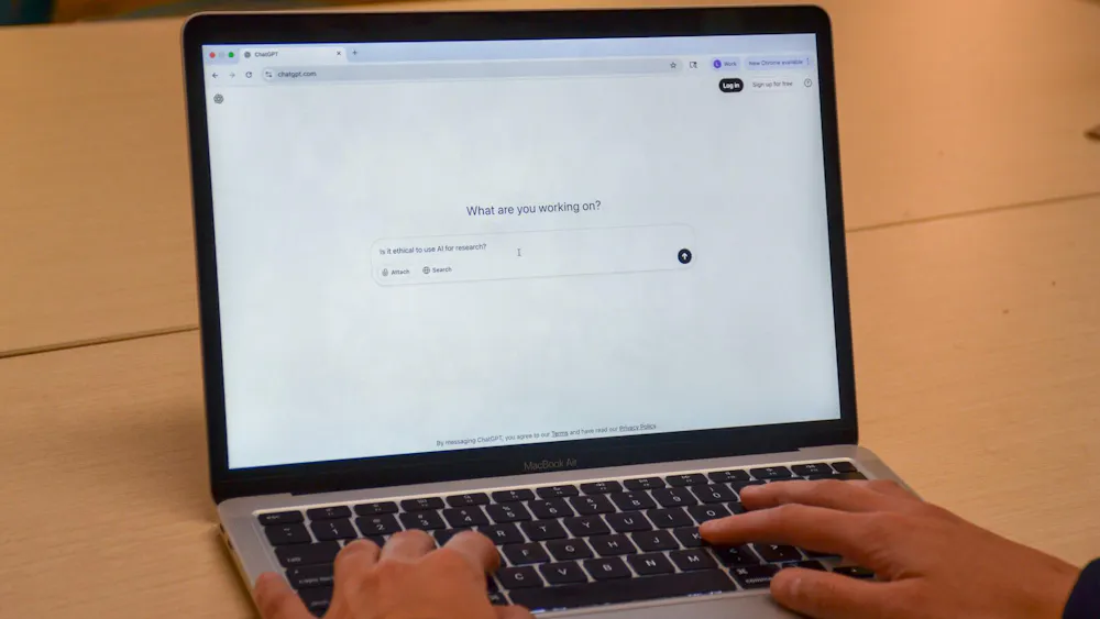 A computer displaying a blank ChatGPT screen, photographed Oct. 3, 2025.