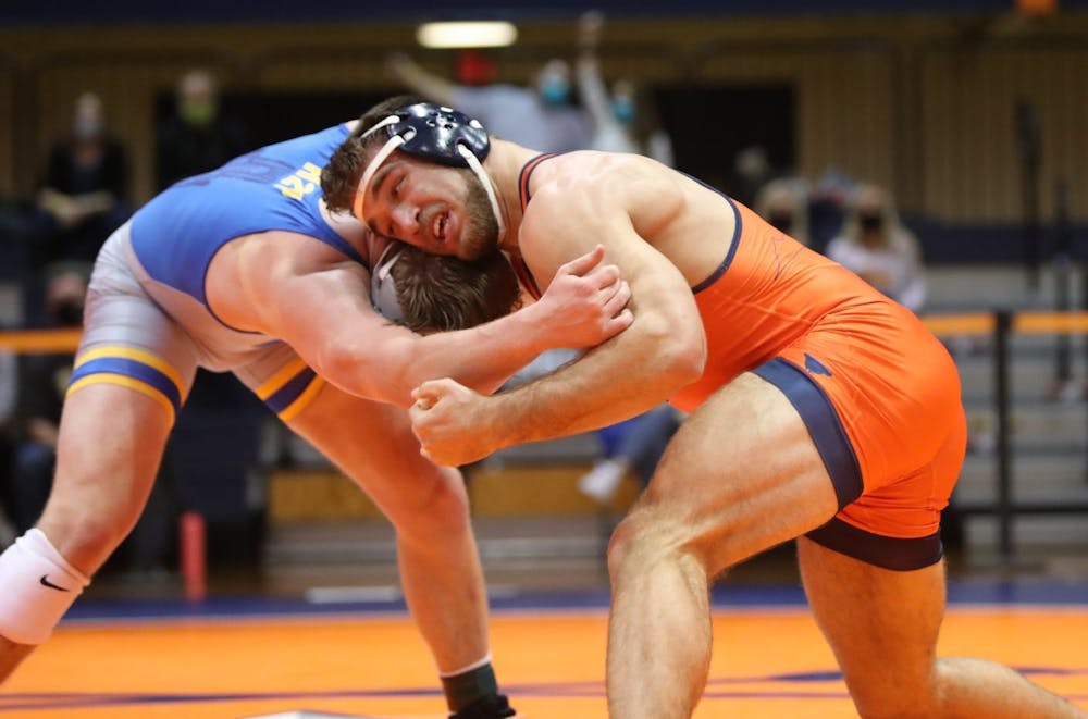 <p>Graduate student Michael Battista was outstanding against the Eagles, winning his match in the 184-pound weight class</p>