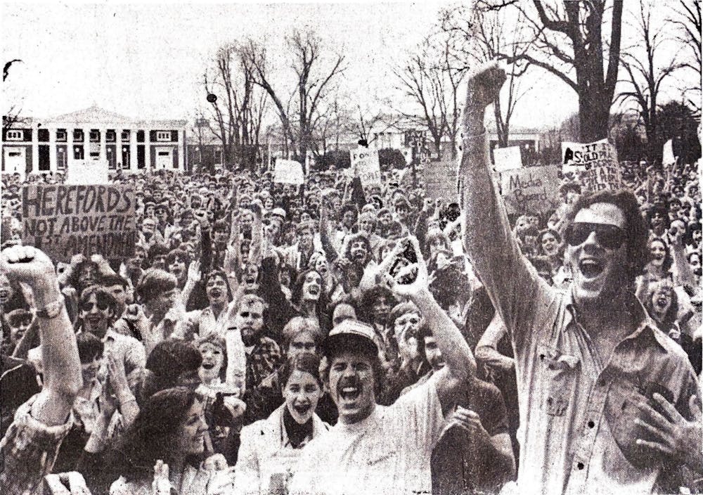 <p>After the University evicted The Cavalier Daily from its offices in Newcomb Hall, roughly 1,500 students rallied on the Lawn April 5, 1979 to demand that the newspaper be allowed to return to its Newcomb office.</p>