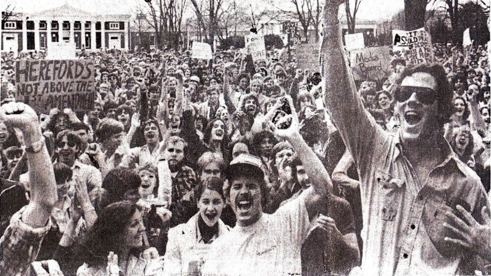 After the University evicted The Cavalier Daily from its offices in Newcomb Hall, roughly 1,500 students rallied on the Lawn April 5, 1979 to demand that the newspaper be allowed to return to its Newcomb office.
