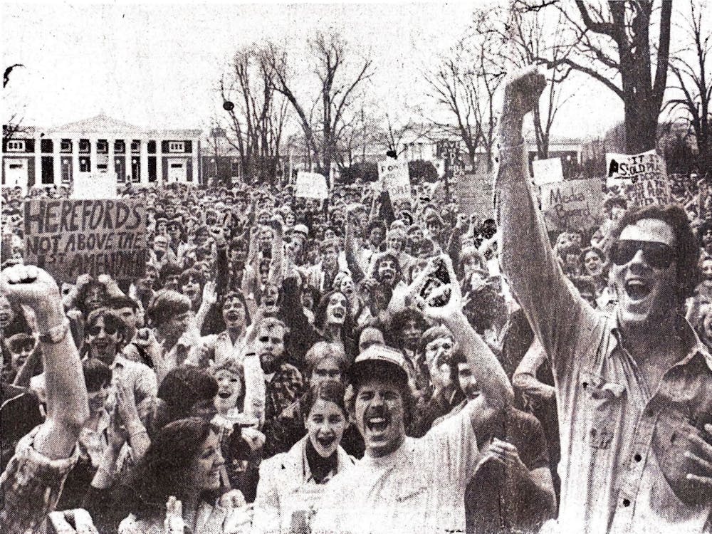 After the University evicted The Cavalier Daily from its offices in Newcomb Hall, roughly 1,500 students rallied on the Lawn April 5, 1979 to demand that the newspaper be allowed to return to its Newcomb office.