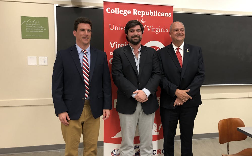 <p>The three 25th House of Delegates Republican Primary candidates — (from left to right) Marshall Pattie, Richard Fox and Chris Runion — appeared on Grounds April 9 for a debate sponsored by the College Republicans at U.Va. and the Albemarle County Republican Committee.</p>
