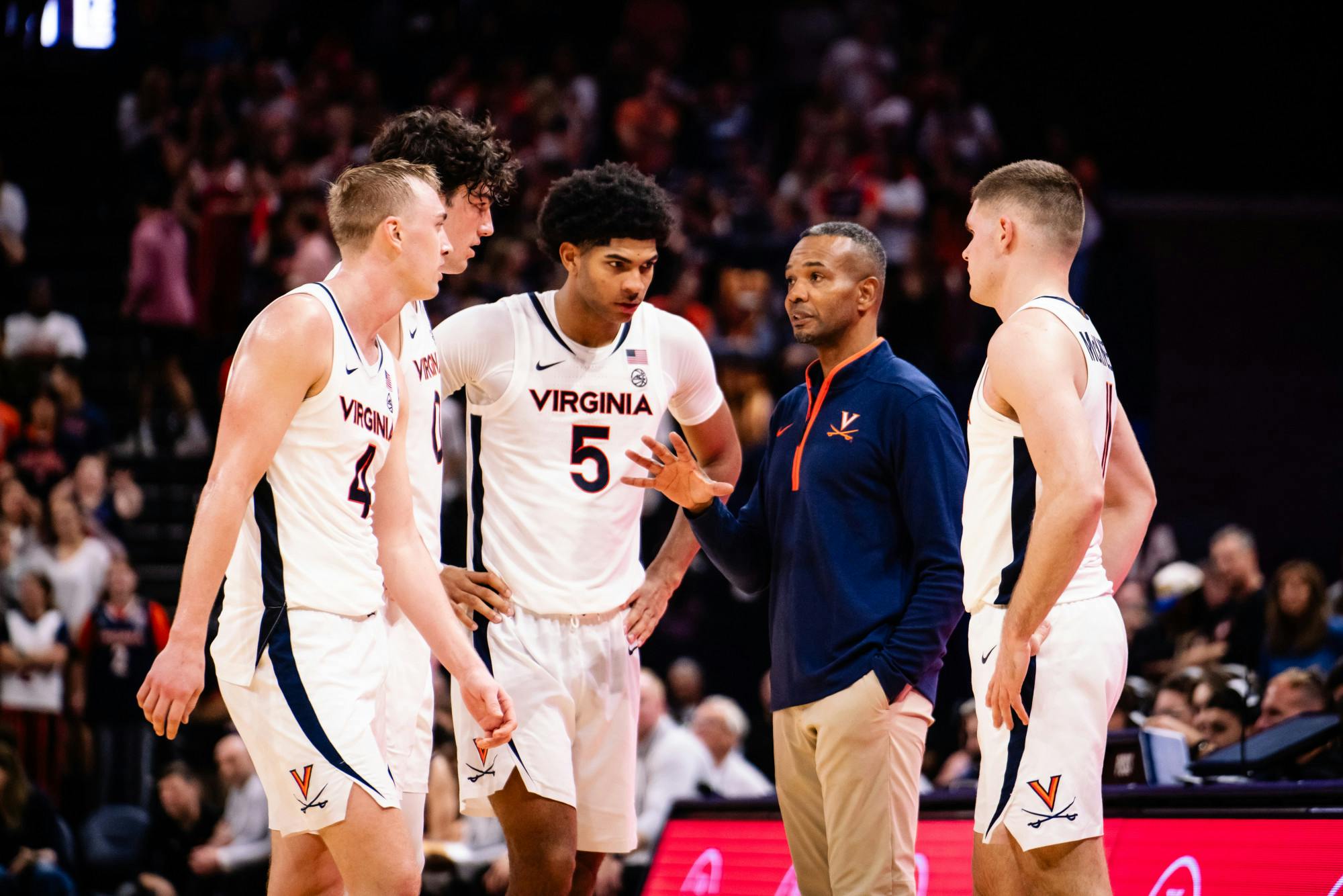 Sanchez huddles with his players Nov. 6 against Campbell.